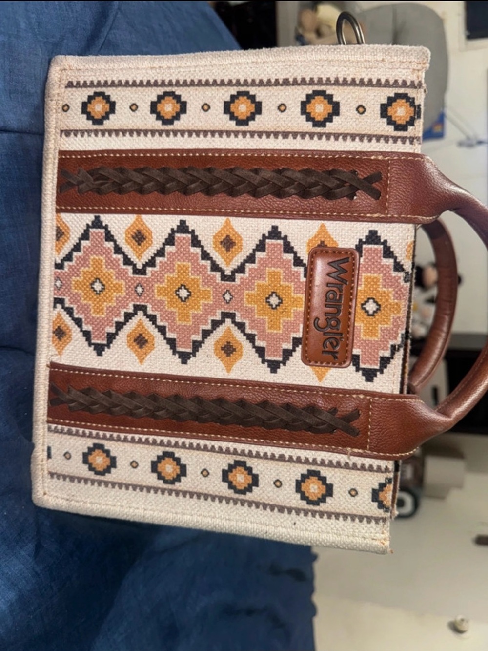 Wrangler Beige Tote with Brown Trim and Yellow-Pink Geometric Pattern